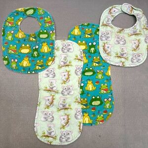 2 handmade bib/burp rag matching sets- frogs/koalas- velcro neck closure- sturdy